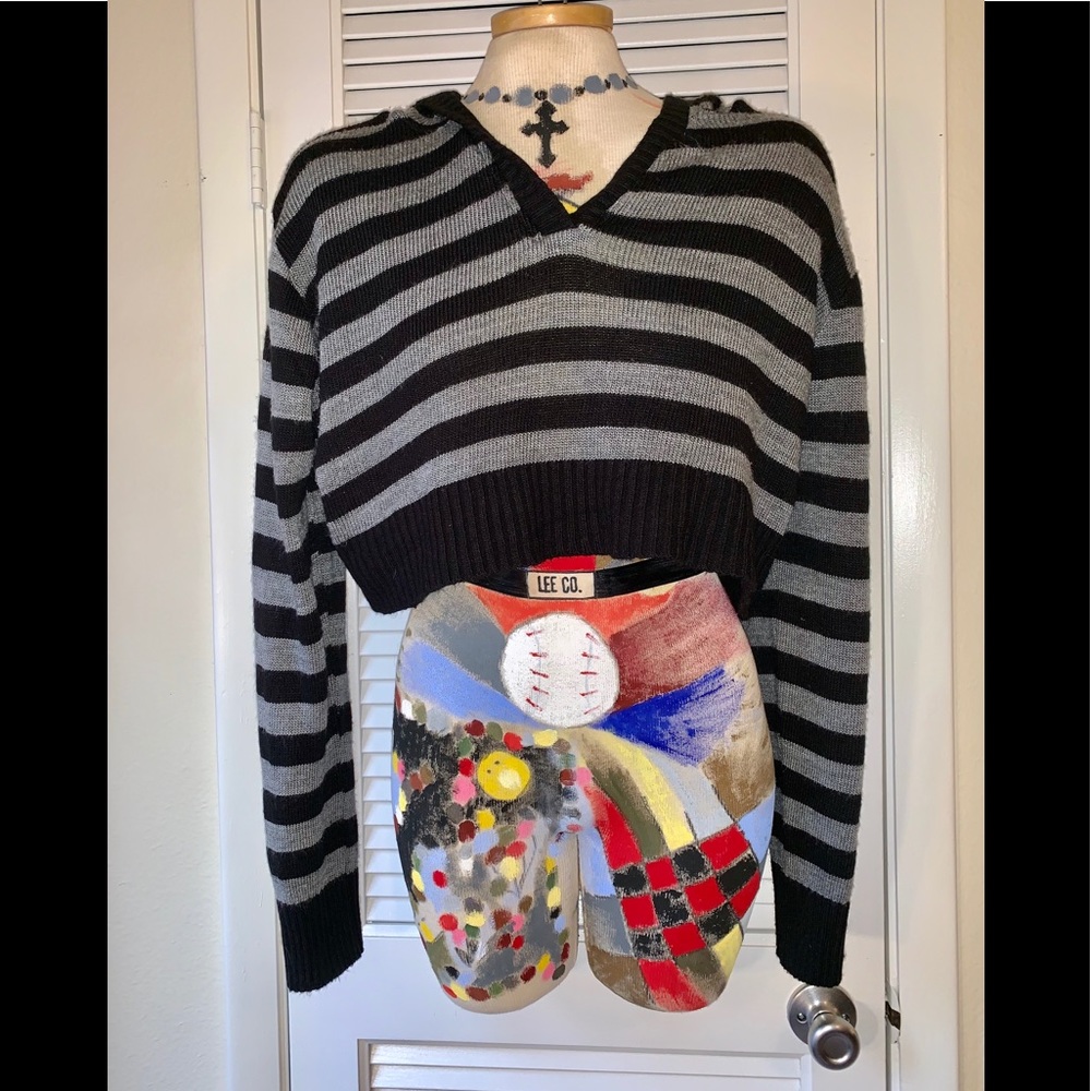 Black and gray striped knit hoodie crop top